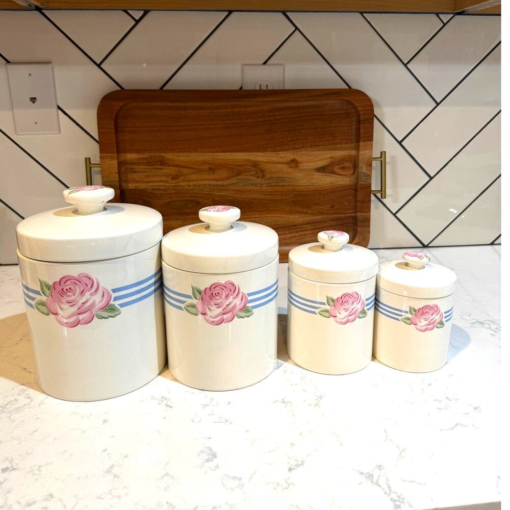 vintage style ceramic canister set made in Japan Peony & Stripes 80s cottage